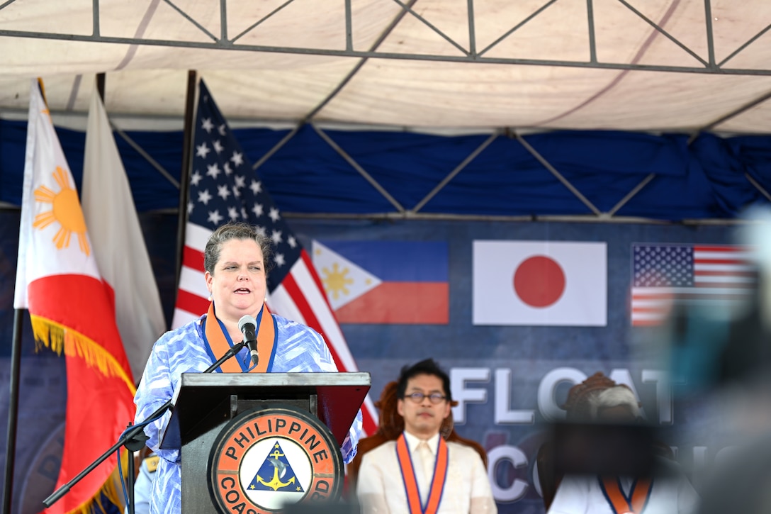 U.S. Embassy in Manila Deputy Chief of Mission Heather Variava addresses the media following the arrival of the U.S. Coast Guard Cutter Stratton (WMSL 752) and the Japan Coast Guard Vessel Akitsushima (PLH 32) to Manila, Philippines, for a tri-lateral engagement with the Philippine and Japan Coast Guards, June 1, 2023. Stratton deployed to the Western Pacific under U.S. Navy 7th Fleet command to serve as a non-escalatory asset for the promotion of a rules-based order in the maritime domain by engaging with partner nations and allies in the region. (U.S. Coast Guard photo by Chief Petty Officer Matt Masaschi)