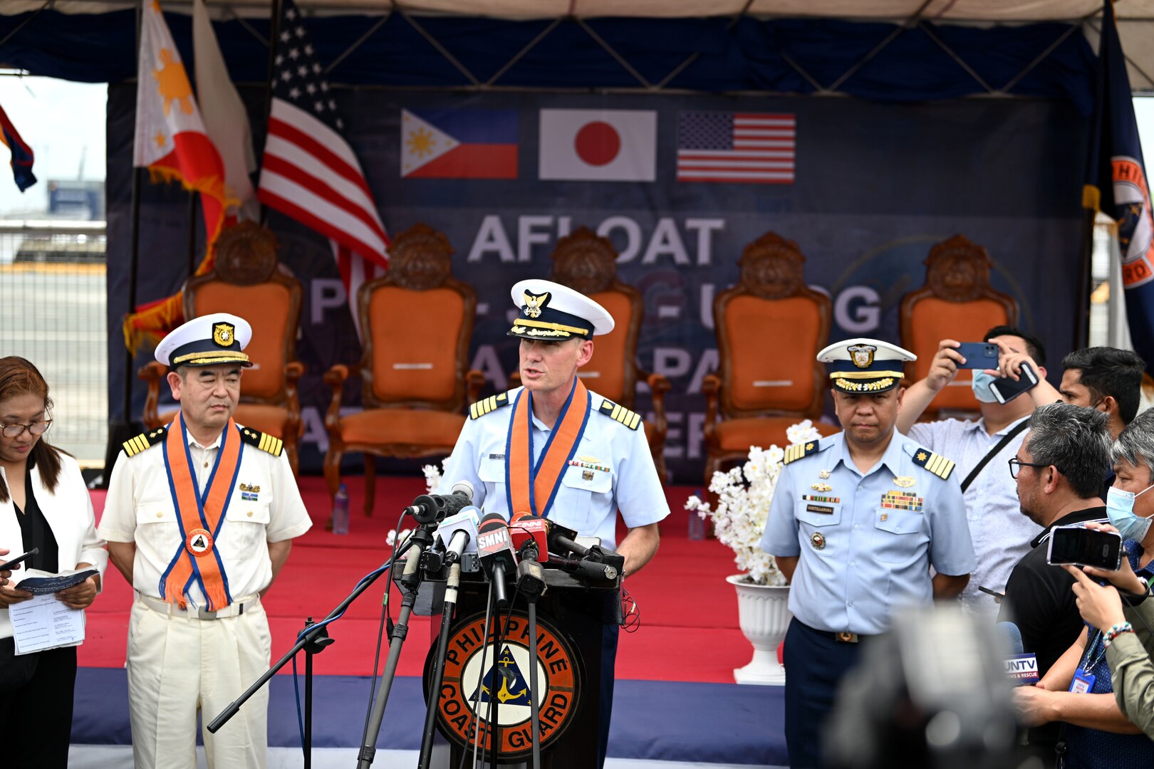 Capt. Brian Krautler, commanding officer of U.S. Coast Guard Cutter Stratton (WMSL 752), addresses the media following Stratton’s arrival to Manila, Philippines, for a tri-lateral engagement with the Philippine and Japan Coast Guards, June 1, 2023. Stratton deployed to the Western Pacific under U.S. Navy 7th Fleet command to serve as a non-escalatory asset for the promotion of a rules-based order in the maritime domain by engaging with partner nations and allies in the region. (U.S. Coast Guard photo by Chief Petty Officer Matt Masaschi)