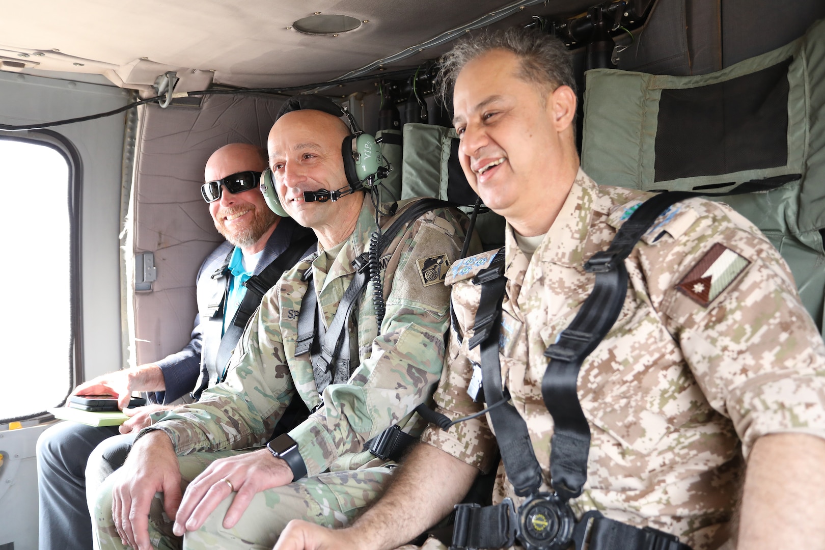 Lt. Gen Scott Spellmon, the 55th Chief of Engineers, flying from Amman to Muwaffaq Salti Air Base in Jordan aboard a Jordanian Blackhawk helicopter to visit Jordanian aircraft infrastructure projects being built by the U.S. Army Corps of Engineers. The Jordanians willingness to fly the Chief to project sites speaks to the strong relationship USACE has built with their allied nation mission partners in the region.