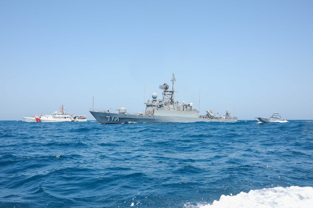 ARABIAN GULF (June 1, 2023) U.S. Coast Guard fast response cutter USCGC Clarence Sutphin Jr. (WPC 1146) sails alongside Royal Saudi Navy missile corvette HMS Tabuk (618) and a MARTAC T-38 Devil Ray unmanned surface vessel in the Arabian Gulf, June 1, 2023, during exercise Eagle Resolve 23. Eagle Resolve is a combined joint all-domain exercise that improves interoperability on land, in the air, at sea, in space, and in cyberspace with the U.S. military and partner nations, enhances the ability to respond to contingencies, and underscores U.S. Central Command's commitment to the Middle East. (U.S. Army photo by Spc. James Webster)