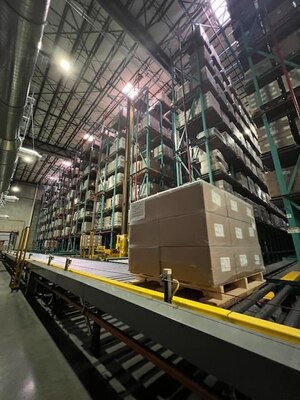 A pallet of express rations are being transported to be stored in a temperature-controlled high rise on May 22, 2023 at the DLA Distribution San Joaquin, California installation.