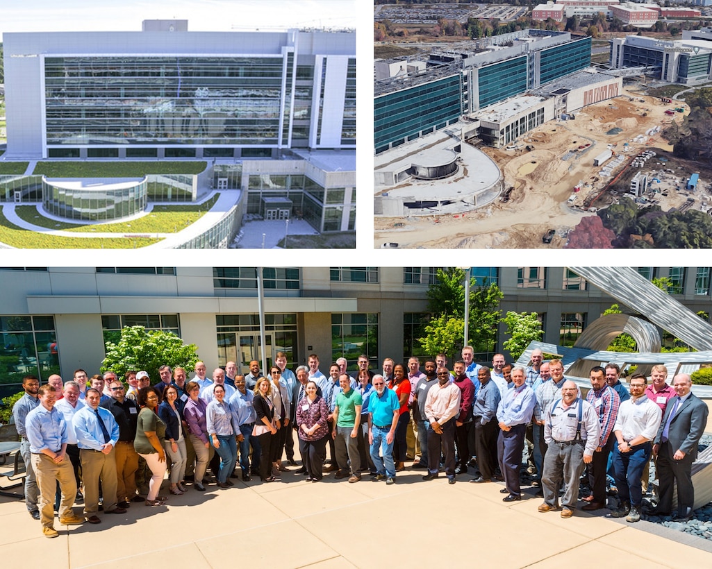 A collage image showing two photos of a large construction project and a third image of a large group standing together for a photo.