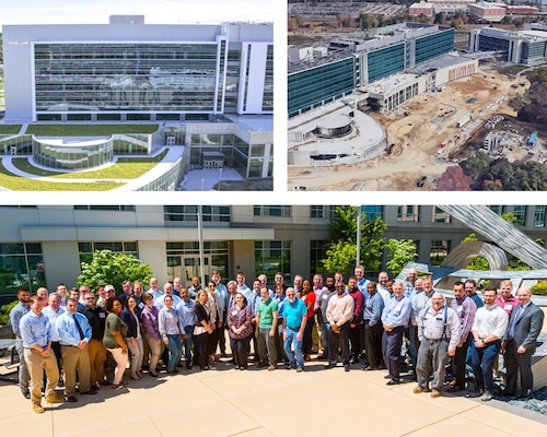 A collage image showing two photos of a large construction project and a third image of a large group standing together for a photo.
