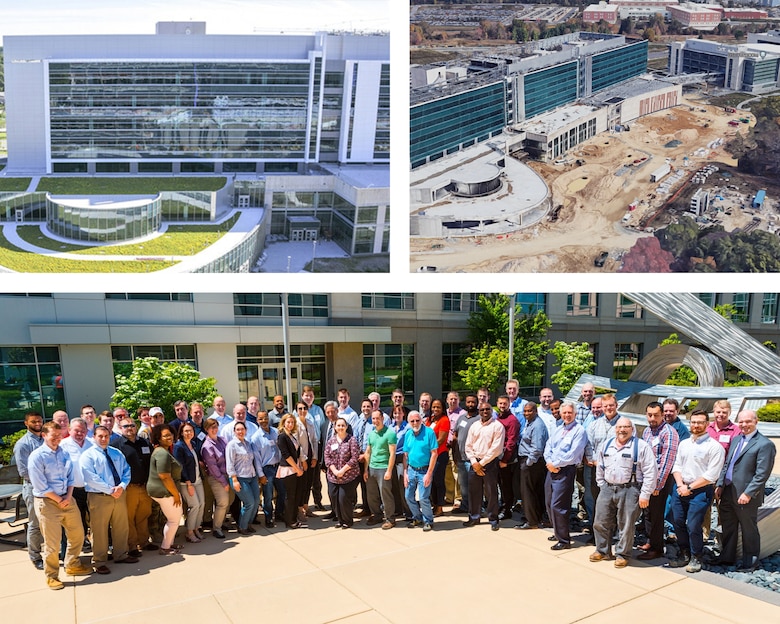 A collage image showing two photos of a large construction project and a third image of a large group standing together for a photo.