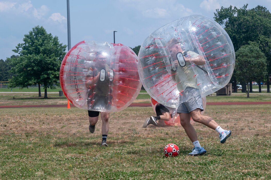 Airmen play bubble soccer