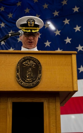 230602-N-KC543-1084 NORFOLK (June 2, 2023) Adm. Daryl Caudle, commander, U.S. Fleet Forces Command, speaks during the Naval Surface Force Atlantic change of command ceremony aboard the amphibious assault ship USS Wasp (LHD 1), June 2, 2023. During the ceremony, Rear Adm. Joseph Cahill relieved Rear Adm. Brendan McLane as commander SURFLANT. (U.S. Navy photo by Mass Communication Specialist 1st Class Alora R. Blosch)