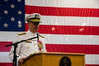 230602-N-KC543-1168 NORFOLK (June 2, 2023) Rear Adm. Brendan McLane, commander, Naval Surface Force Atlantic speaks during the SURFLANT change of command ceremony aboard the amphibious assault ship USS Wasp (LHD 1), June 2, 2023. During the ceremony, Rear Adm. Joseph Cahill relieved McLane as commander SURFLANT. (U.S. Navy photo by Mass Communication Specialist 1st Class Alora R. Blosch)