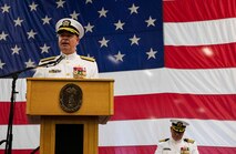 230602-N-KC543-1221 NORFOLK (June 2, 2023) Rear Adm. Brendan McLane, commander, Naval Surface Force Atlantic, speaks during the SURFLANT change of command ceremony aboard the amphibious assault ship USS Wasp (LHD 1), June 2, 2023. During the ceremony, Rear Adm. Joseph Cahill relieved McLane as commander of SURFLANT. (U.S. Navy photo by Mass Communication Specialist 1st Class Alora R. Blosch)