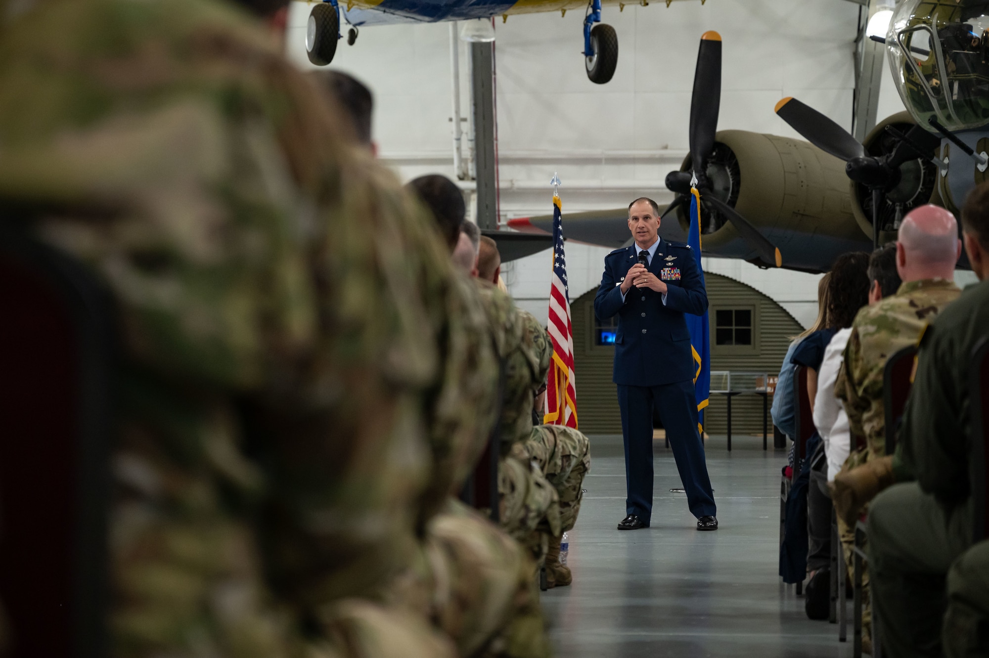 Col. Matt Husemann, 436th Airlift Wing commander, gives remarks during the 436th Operations Group change of command ceremony at Dover Air Force Base, Delaware, June 2, 2023. The ceremony saw Col. Scott Raleigh relinquish command to Col. Kenneth Weiner. The 436th OG operates Dover AFB’s fleet of C-5M Super Galaxy and C-17 Globemaster III aircraft to support rapid global mobility. (U.S. Air Force photo by Senior Airman Cydney Lee)