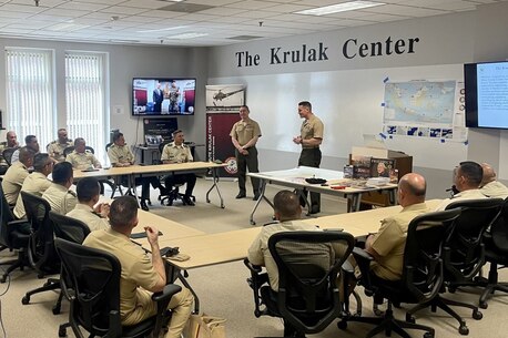 Marine Corps University and The Krulak Center host a delegation from the Colombian Joint War College to exchange ideas on innovation and education aboard Marine Corps Base Quantico, Virginia, on May 24, 2023. (Photo by LtCol Kurtis Kjobech)