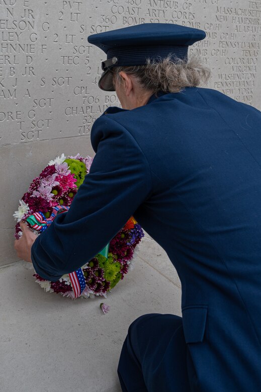 U.S. Air Force Col. Elizabeth Hanson, 305th Air Mobility Wing Commander, lays a commemorative wreath.