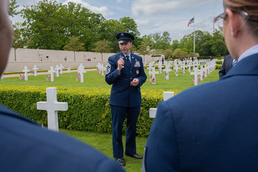 U.S. Air Force Chief Master Sgt. David Kolcun, 305th Air Mobility Wing Command Chief, speaks about the importance of dog tags.