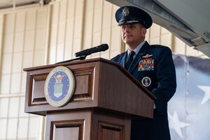 U.S. Air Force Brig. Gen. Christopher Amrhein, commander of Air Force Recruiting Service, speaks after taking command of AFRS during a change of command ceremony