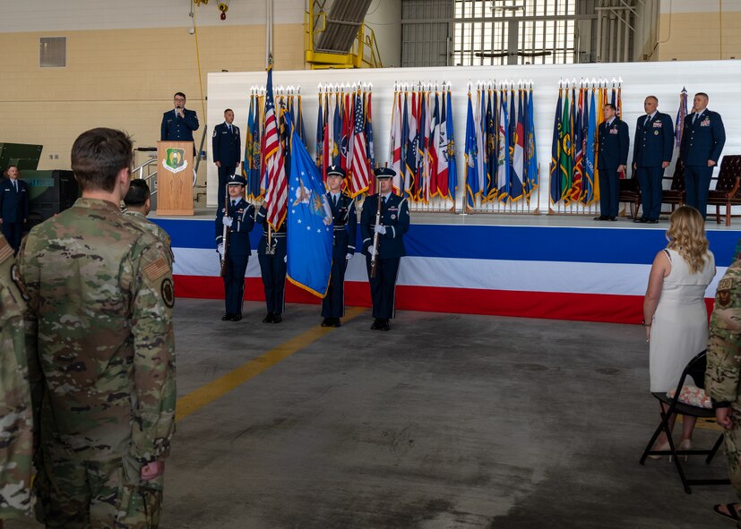 Col. Michael Maginess, outgoing 5th Mission Support Group (MSG) commander, gives his final remarks at the 5th MSG change of command ceremony at Minot Air Force Base, North Dakota, June 2, 2023. Col. Jerry Ottinger assumed command of the 5th MSG during the ceremony. (U.S. Air Force photo by Senior Airman Evan Lichtenhan)