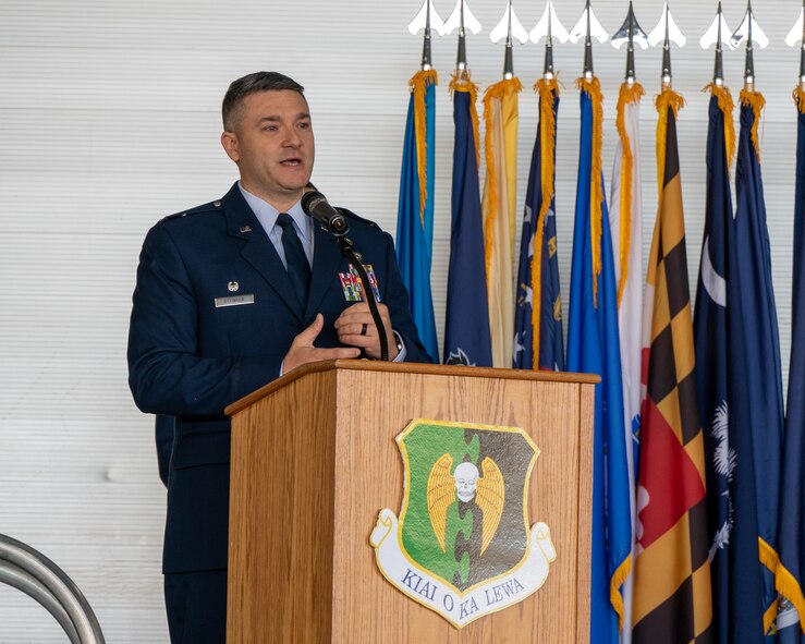 Col. Michael Maginess, outgoing 5th Mission Support Group (MSG) commander, gives his final remarks at the 5th MSG change of command ceremony at Minot Air Force Base, North Dakota, June 2, 2023. Col. Jerry Ottinger assumed command of the 5th MSG during the ceremony. (U.S. Air Force photo by Senior Airman Evan Lichtenhan)