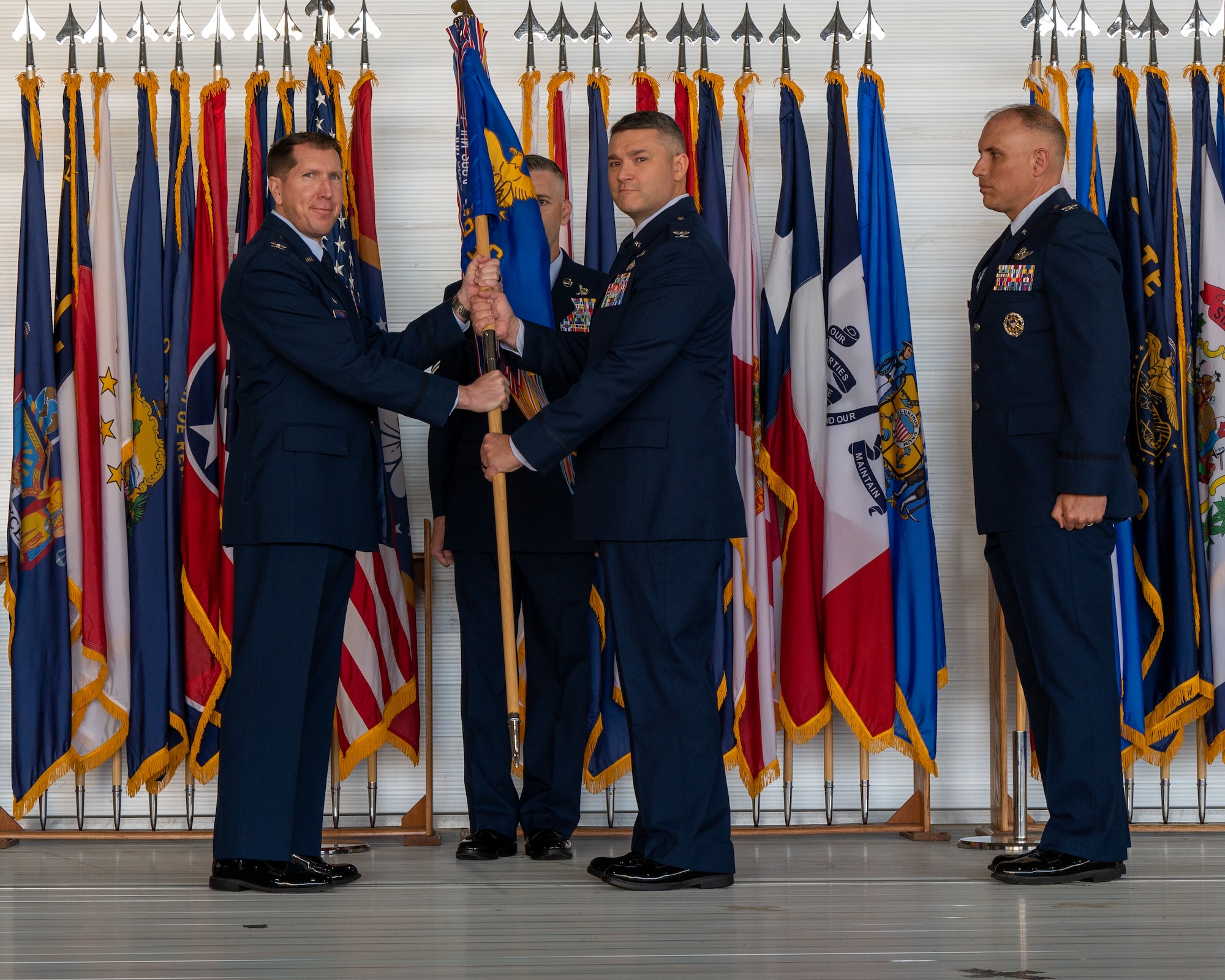 Col. Michael Maginess, outgoing 5th Mission Support Group (MSG) commander, gives his final remarks at the 5th MSG change of command ceremony at Minot Air Force Base, North Dakota, June 2, 2023. Col. Jerry Ottinger assumed command of the 5th MSG during the ceremony. (U.S. Air Force photo by Senior Airman Evan Lichtenhan)