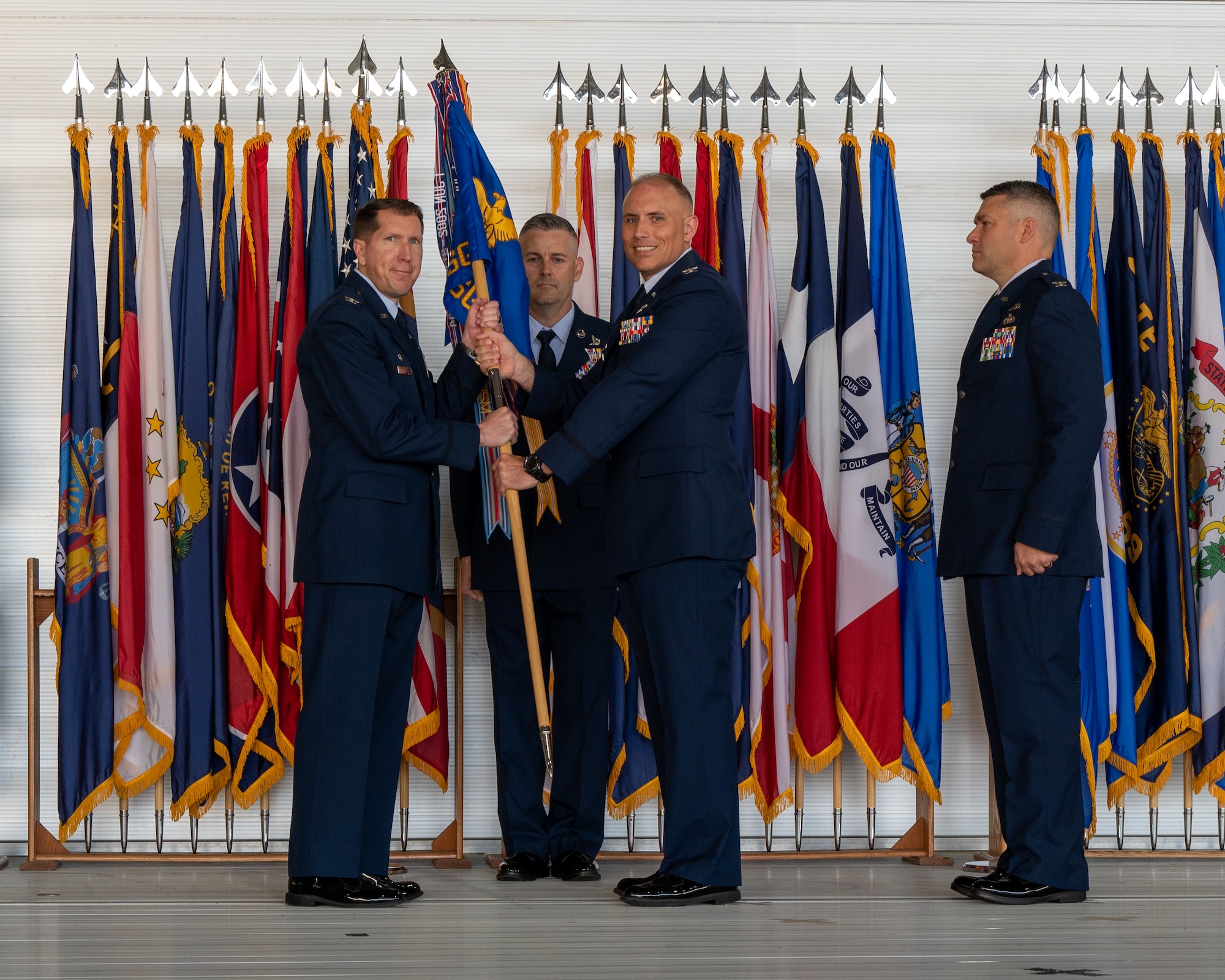 Col. Michael Maginess, outgoing 5th Mission Support Group (MSG) commander, gives his final remarks at the 5th MSG change of command ceremony at Minot Air Force Base, North Dakota, June 2, 2023. Col. Jerry Ottinger assumed command of the 5th MSG during the ceremony. (U.S. Air Force photo by Senior Airman Evan Lichtenhan)