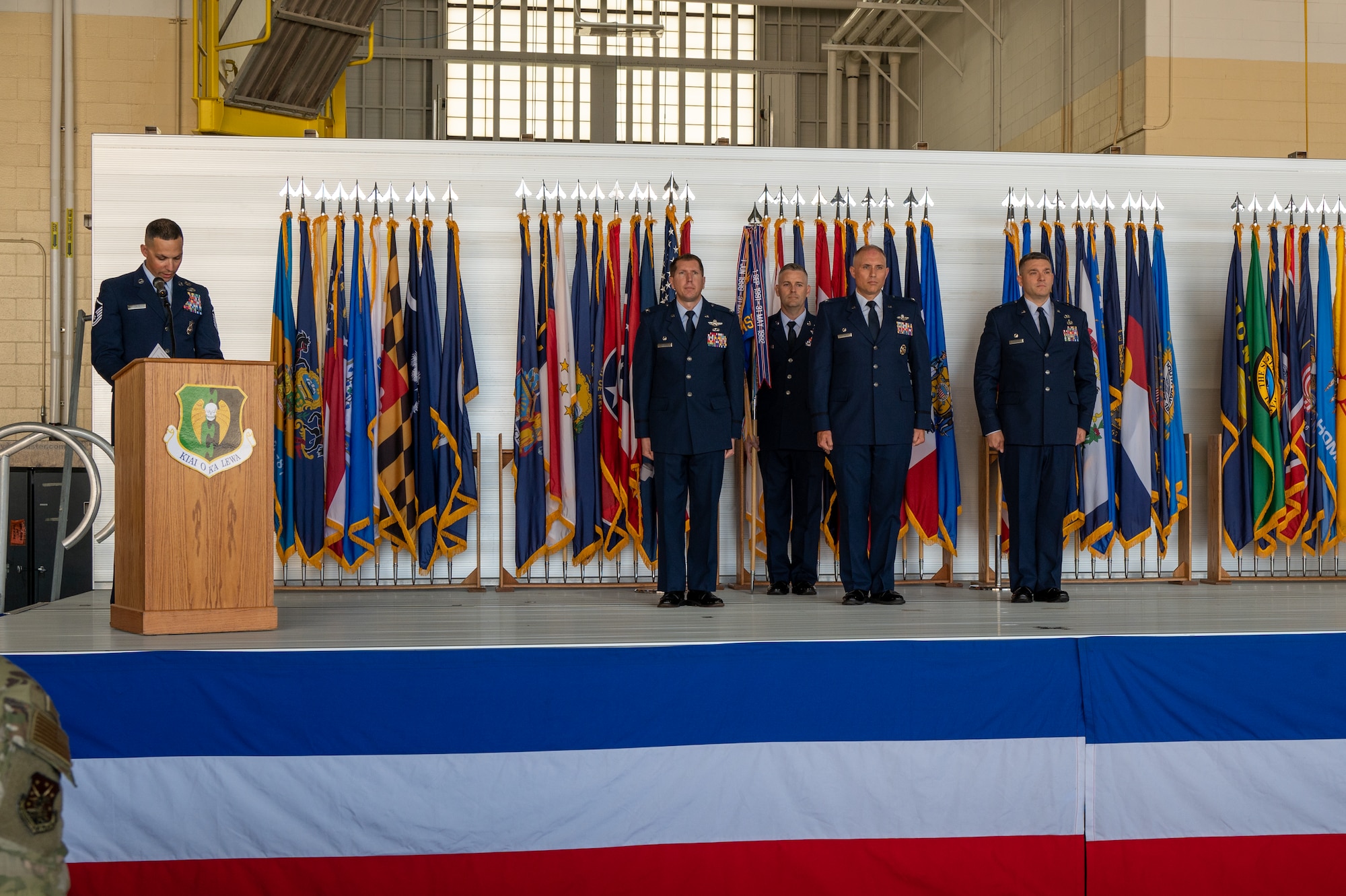 Col. Michael Maginess, outgoing 5th Mission Support Group (MSG) commander, gives his final remarks at the 5th MSG change of command ceremony at Minot Air Force Base, North Dakota, June 2, 2023. Col. Jerry Ottinger assumed command of the 5th MSG during the ceremony. (U.S. Air Force photo by Senior Airman Evan Lichtenhan)