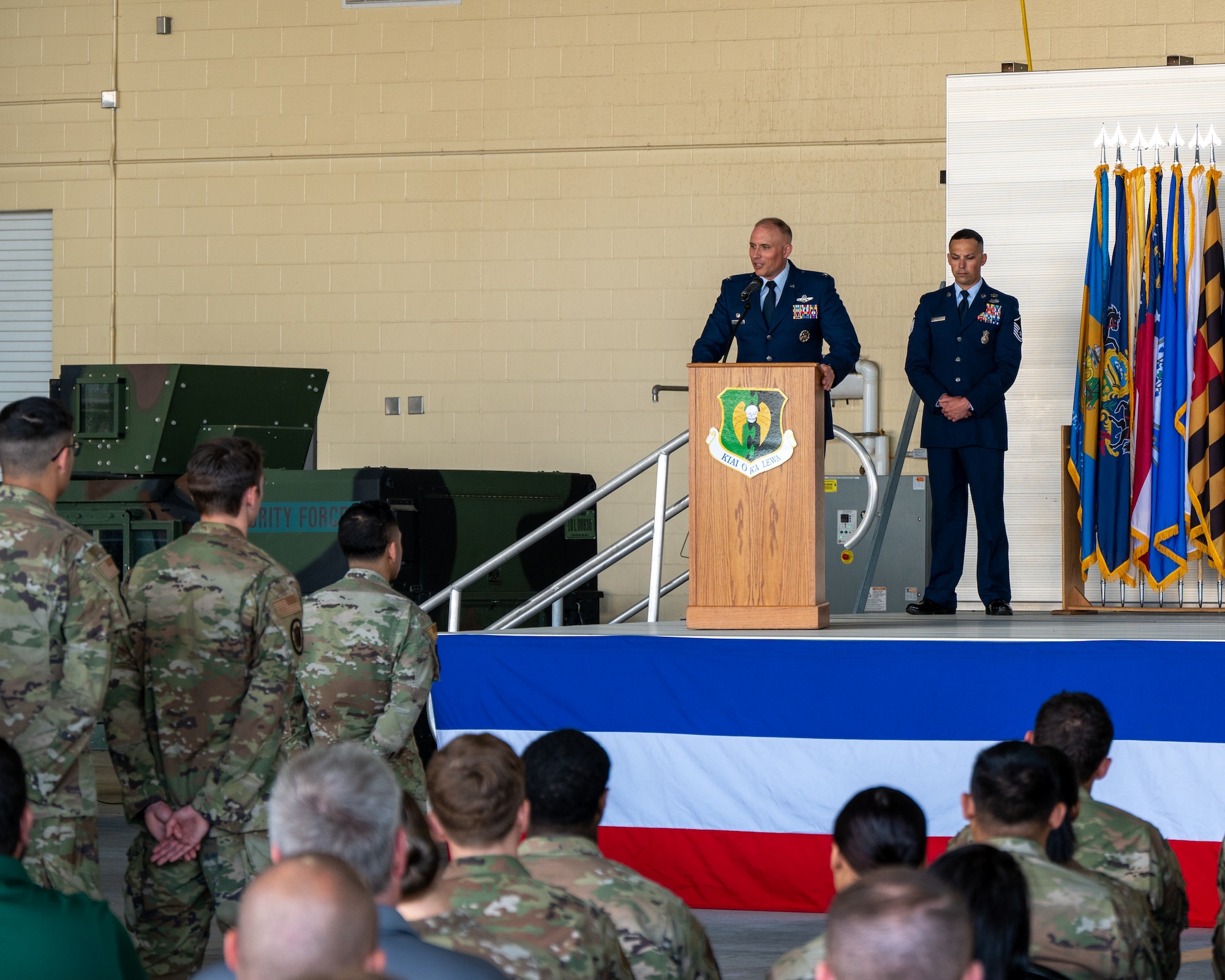 Col. Michael Maginess, outgoing 5th Mission Support Group (MSG) commander, gives his final remarks at the 5th MSG change of command ceremony at Minot Air Force Base, North Dakota, June 2, 2023. Col. Jerry Ottinger assumed command of the 5th MSG during the ceremony. (U.S. Air Force photo by Senior Airman Evan Lichtenhan)