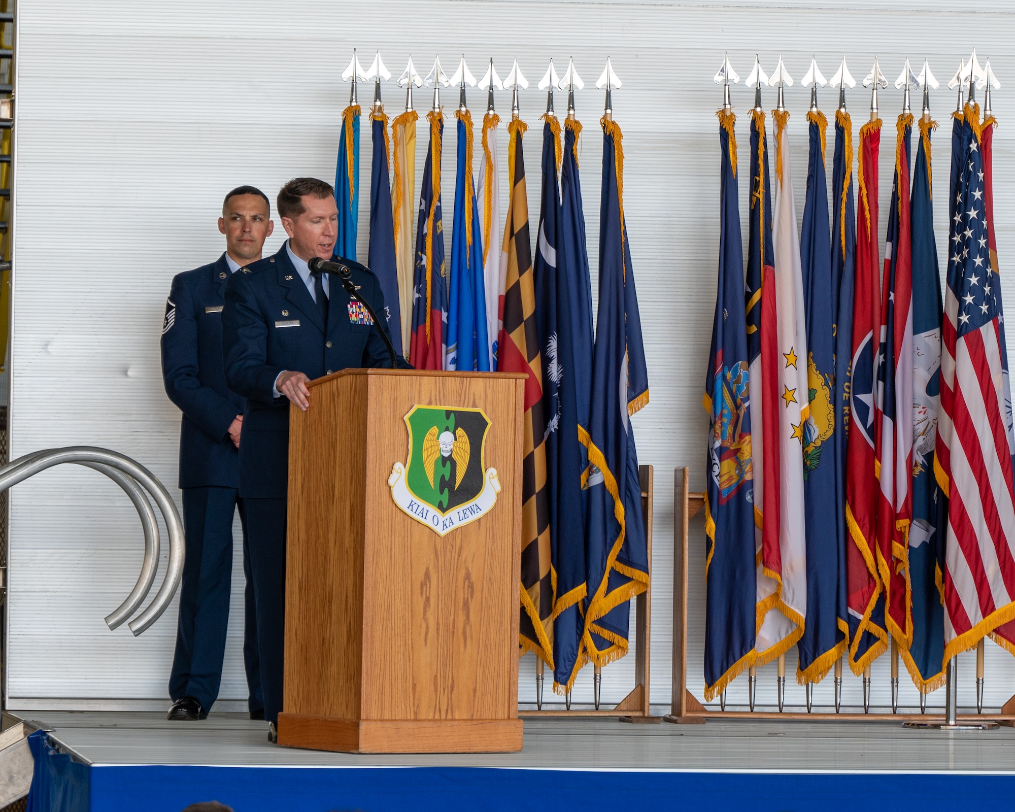 Col. Daniel Hoadly, 5th Bomb Wing commander, gives remarks during the 5th Missions Support Group (MSG) change of command at Minot Air Force Base, North Dakota, June 2, 2023. During the ceremony Col. Jerry Ottinger assumed command of the 5th MSG from Col. Michael Maginness, previous 5th MSG commander. (U.S. Air Force photo by Senior Airman Evan Lichtenhan)