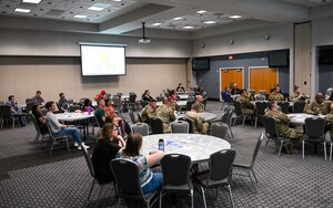 Goodfellow housing residents attend a town hall meeting, Goodfellow Air Force Base, Texas, May 24, 2023. During the event, members were allowed to ask questions about any lingering concerns. (U.S. Air Force photo by Airman 1st Class Zachary Heimbuch)