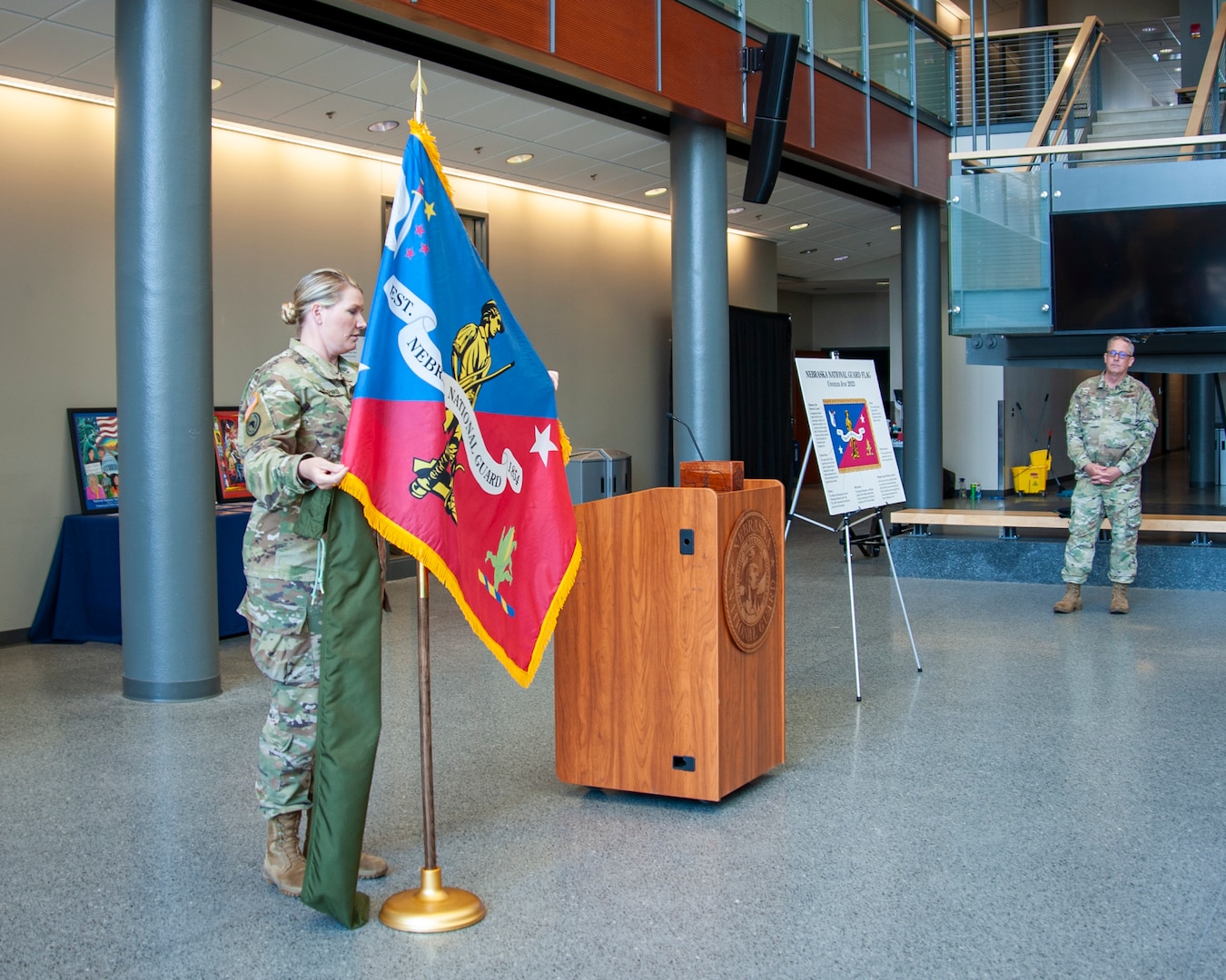 The Nebraska National Guard unveils a new flag, June 2, 2023, during a ceremony at the Joint Force Headquarters in Lincoln, Nebraska.