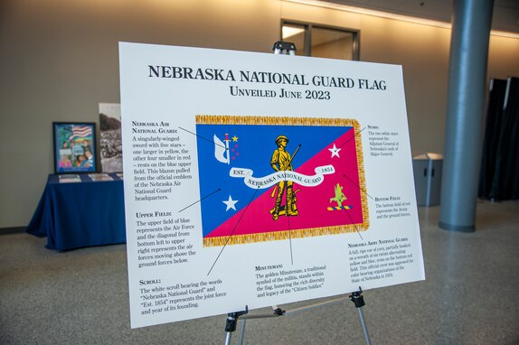 The Nebraska National Guard unveils a new flag, June 2, 2023, during a ceremony at the Joint Force Headquarters in Lincoln, Nebraska.