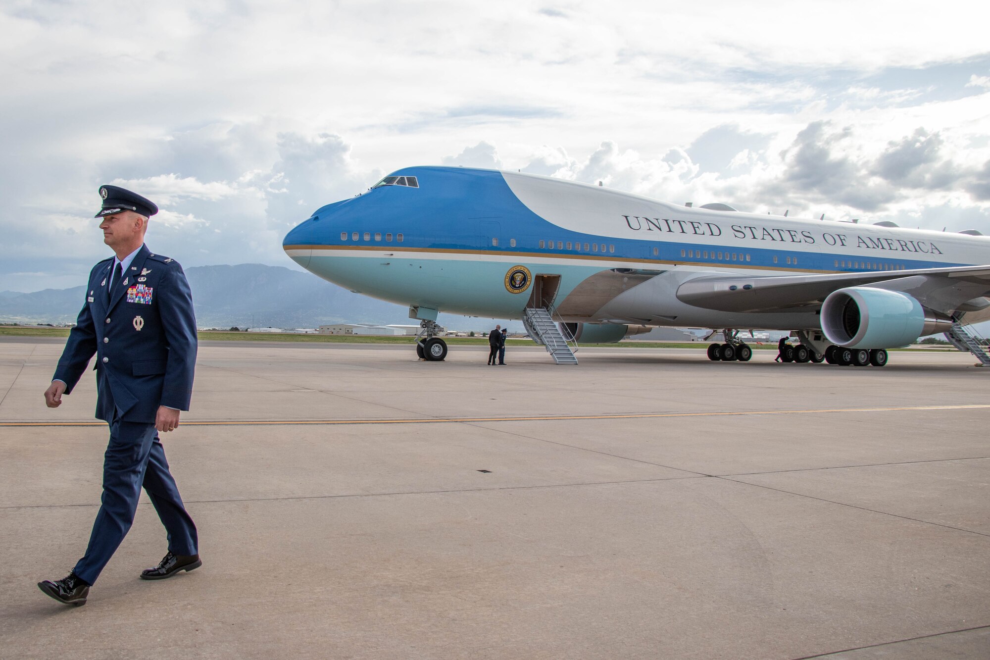 U.S. Space Force Col. David Hanson, commander, Space Base Delta 1, stands in front of Air Force One after welcoming President Joe Biden to Peterson Space Force Base May 31, 2023. (U.S. Space Force photo by Emily Peacock)