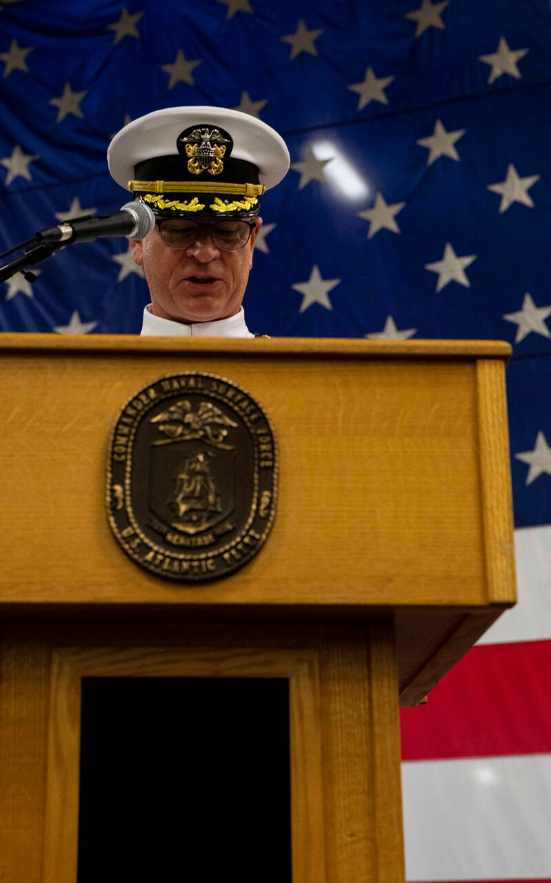 230602-N-KC543-1084 NORFOLK (June 2, 2023) Adm. Daryl Caudle, commander, U.S. Fleet Forces Command, speaks during the Naval Surface Force Atlantic change of command ceremony aboard the amphibious assault ship USS Wasp (LHD 1), June 2, 2023. During the ceremony, Rear Adm. Joseph Cahill relieved Rear Adm. Brendan McLane as commander SURFLANT. (U.S. Navy photo by Mass Communication Specialist 1st Class Alora R. Blosch)