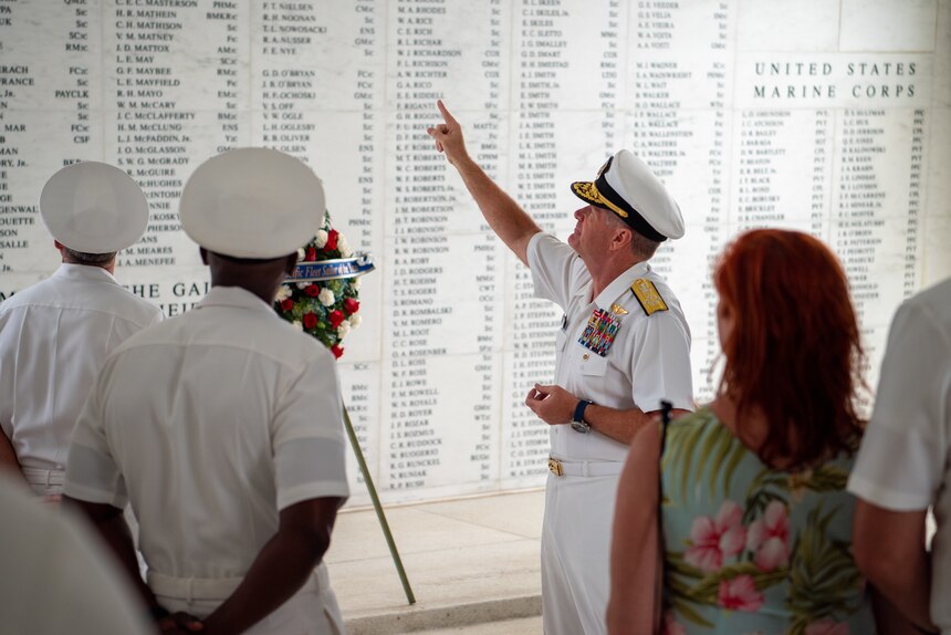 Adm. Samuel Paparo, commander of U.S. Pacific Fleet, speaks to U.S. Pacific Fleet Sailor of the Year (SOY) nominees and their families aboard the USS Arizona Memorial. The SOY program, established in 1972, recognizes those who exemplify a warfighting spirit, the Navy’s core values, and a deep commitment to their commands and communities. (U.S. Navy photo by Mass Communication Specialist 1st Class Nick Bauer)