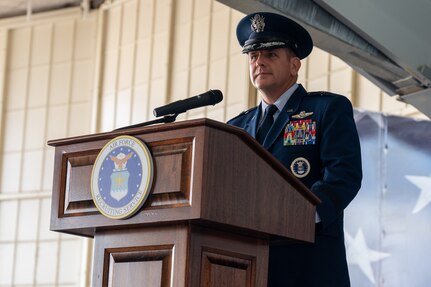 U.S. Air Force Brig. Gen. Christopher Amrhein, commander of Air Force Recruiting Service, speaks after taking command of AFRS during a change of command ceremony