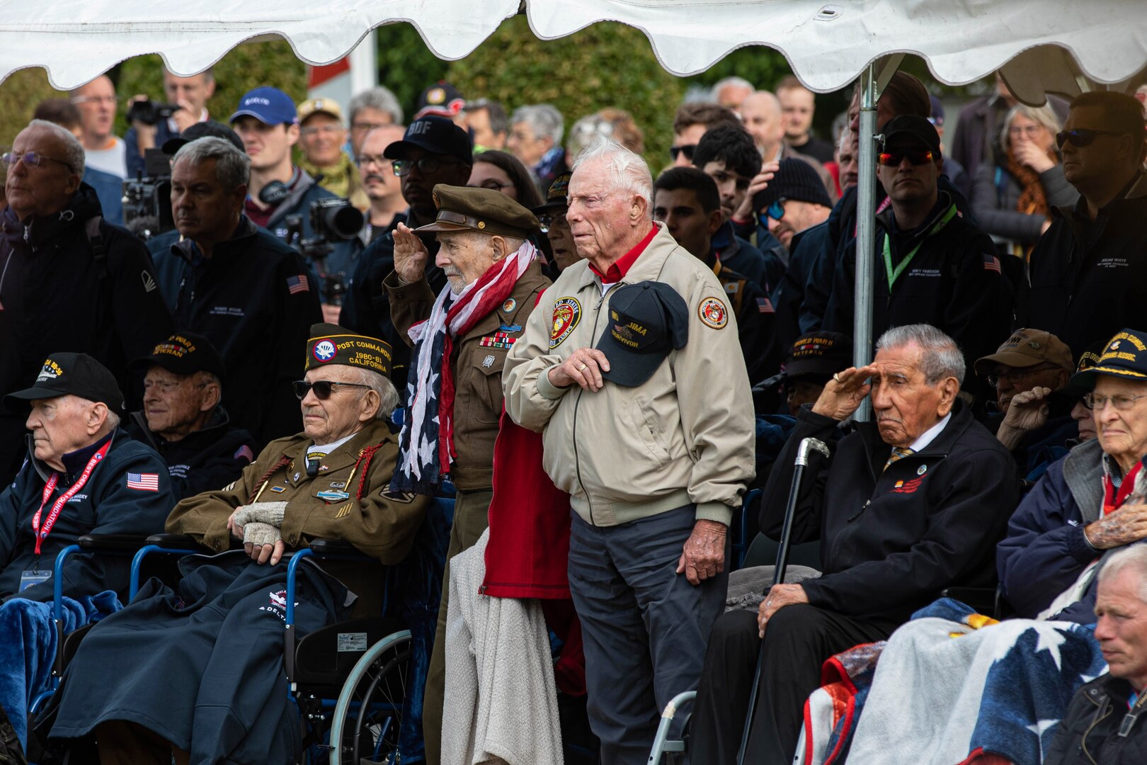 A group of World War II veterans and others, some seated, others standing, salute and pay respects during a ceremony.