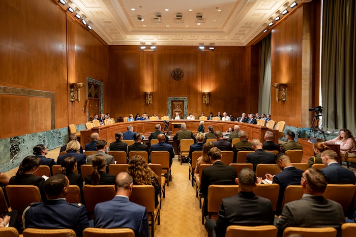 Photo of Reserve commanders testifying before the Senate Appropriations Subcommittee on Defense.