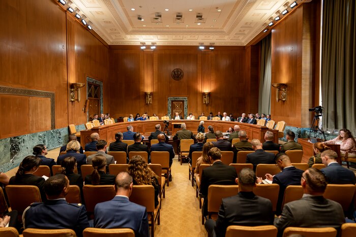 Photo of Reserve commanders testifying before the Senate Appropriations Subcommittee on Defense.