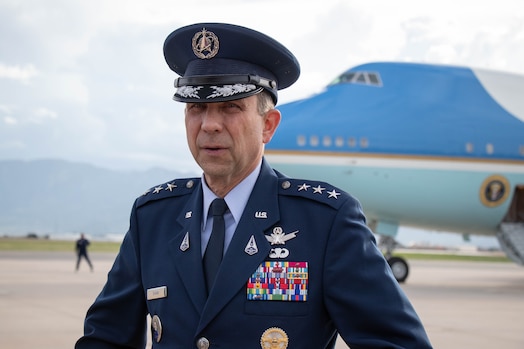  U.S. Space Force Lt. Gen. John Shaw, deputy commander, Space Operations Command, stands in front of Air Force One after welcoming President Joe Biden to Peterson Space Force Base May 31, 2023. (U.S. Space Force photo by Emily Peacock)