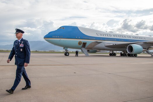  U.S. Space Force Col. David Hanson, commander, Space Base Delta 1, stands in front of Air Force One after welcoming President Joe Biden to Peterson Space Force Base May 31, 2023. (U.S. Space Force photo by Emily Peacock)