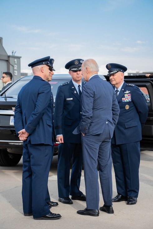  President Joe Biden (center) speaks with top Space Force officials at Peterson Space Force Base May 31, 2023. (U.S. Space Force photo by Emily Peacock)