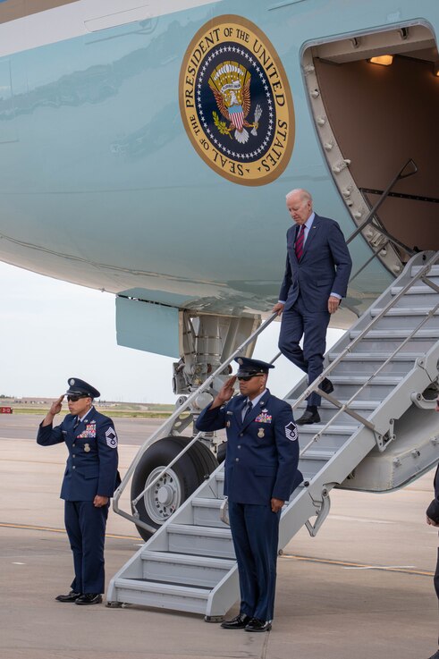  U.S. President Joe Biden arrives at Peterson Space Force Base ahead of the United States Air Force Academy's graduation May 31, 2023. (U.S. Space Force photo by Emily Peacock)