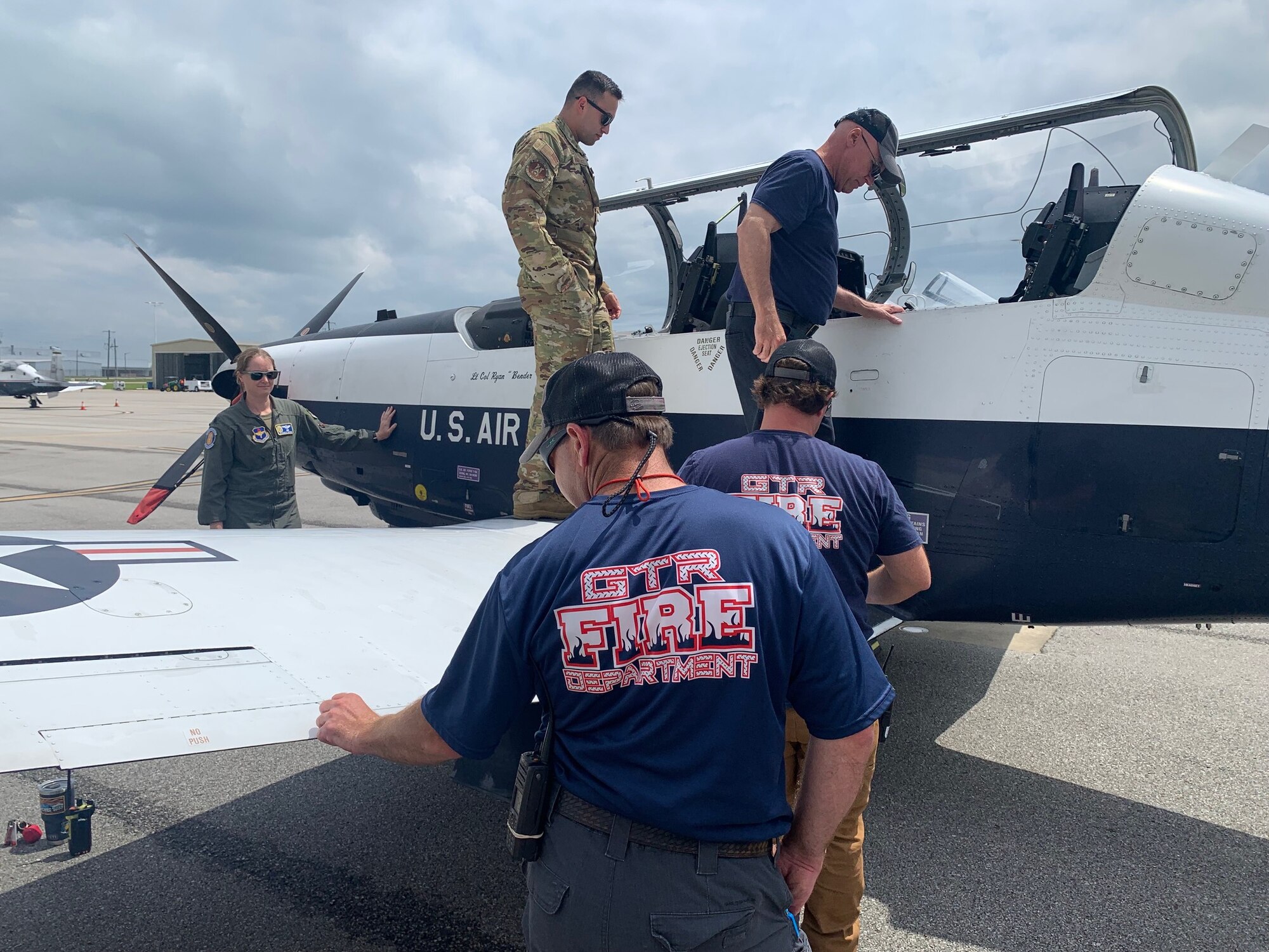 Firefighters from the 14th Civil Engineer Squadron (CES) partnered with firefighters from the Golden Triangle Regional Airport (GTR) to carry out joint readiness training May 24, 20234. The training centered around ensuring that GTR firefighters were familiar with the procedures that the 14th CES employ in the event of an aircraft emergency scenario.