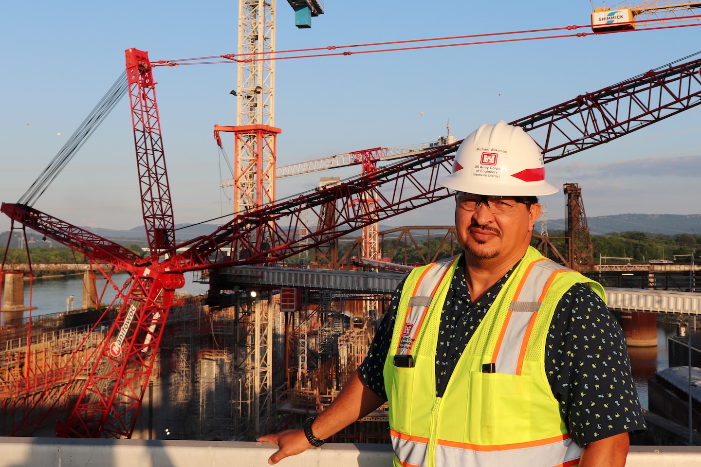 Michael Wilkinson, safety specialist at the Chickamauga Lock Replacement Project on the Tennessee River in Chattanooga, Tennessee, is the U.S. Army Corps of Engineers Nashville District Employee of the Month for March 2023. He is seen here June 2, 2023, inside a new lock chamber under construction. (USACE Photo by Amanda O’Neill)