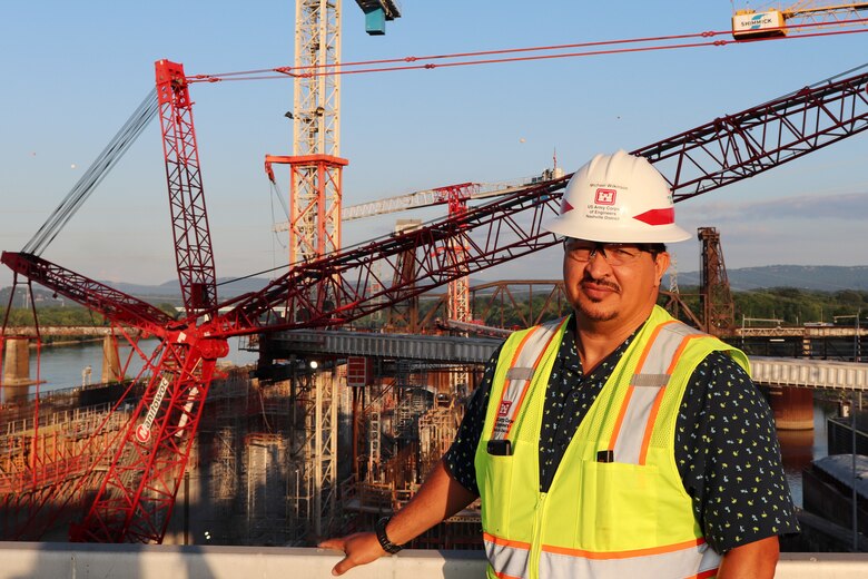 Michael Wilkinson, safety specialist at the Chickamauga Lock Replacement Project on the Tennessee River in Chattanooga, Tennessee, is the U.S. Army Corps of Engineers Nashville District Employee of the Month for March 2023. He is seen here June 2, 2023, inside a new lock chamber under construction. (USACE Photo by Amanda O’Neill)