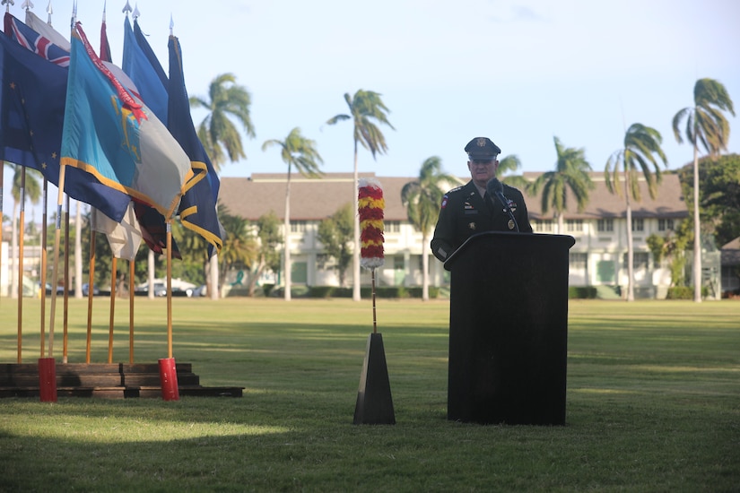 Gen. Charles A. Flynn, U.S. Army Pacific commanding general gives his opening remarks at the Mana O Ke Koa “Spirit of the Warrior” award ceremony at Palm Circle, Fort Shafter, Hawaii, on June 2, 2023. The MOKK civilian community service award honors individuals who are community leaders that have distinguished themselves by their support to Soldiers, their families, and the Army community in the Pacific. (U.S. Army photo by Pfc. Christopher Smith)