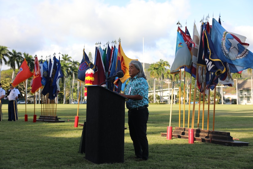 Henry Lee, the son of Command Sergeant Major Henry Lee, delivered a heartfelt speech during the Mana O Ke Koa "Spirit of the Warrior" civilian community service award ceremony on Historic Palm Circle in Fort Shafter, Hawaii, June 6, 2023.