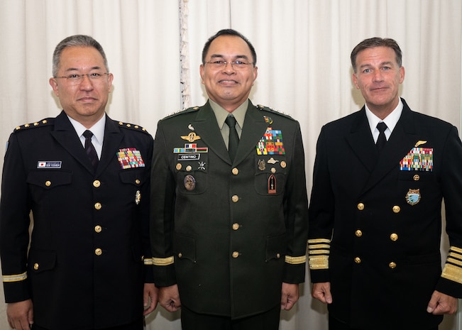 SINGAPORE (June 3, 2023)  General Yoshihide Yoshida, Chief of Staff, Japan Joint Staff (JJS), Gen. Andres Centino, Chief of Staff of the Armed Forces of the Philippines (AFP), and Adm. John C. Aquilino, Commander U.S. Indo-Pacific Command,  held the fourth AFP-JJS-USINDOPACOM Trilateral Leaders' Engagement on the margins of the International Institute for Strategic Studies’ 20th Asia Security Summit, also known as the Shangri-La Dialogue. (U.S. Navy photo by Chief Mass Communication Specialist Shannon M. Smith)