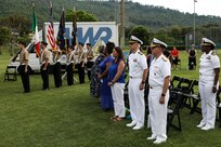 The Navy Junior Reserve Officer Training Corps (NJROTC) Cadet Color Guard students present colors for the Naples Middle/High School class of 2023 graduation ceremony at Carney Park in Pozzuoli, Italy, June 1, 2023.  U.S. Sixth Fleet is permanently assigned to NAVEUR-NAVAF, and employs maritime forces through the full spectrum of joint and naval operations.