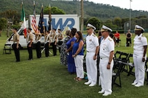 The Navy Junior Reserve Officer Training Corps (NJROTC) Cadet Color Guard students present colors for the Naples Middle/High School class of 2023 graduation ceremony at Carney Park in Pozzuoli, Italy, June 1, 2023.  U.S. Sixth Fleet is permanently assigned to NAVEUR-NAVAF, and employs maritime forces through the full spectrum of joint and naval operations.