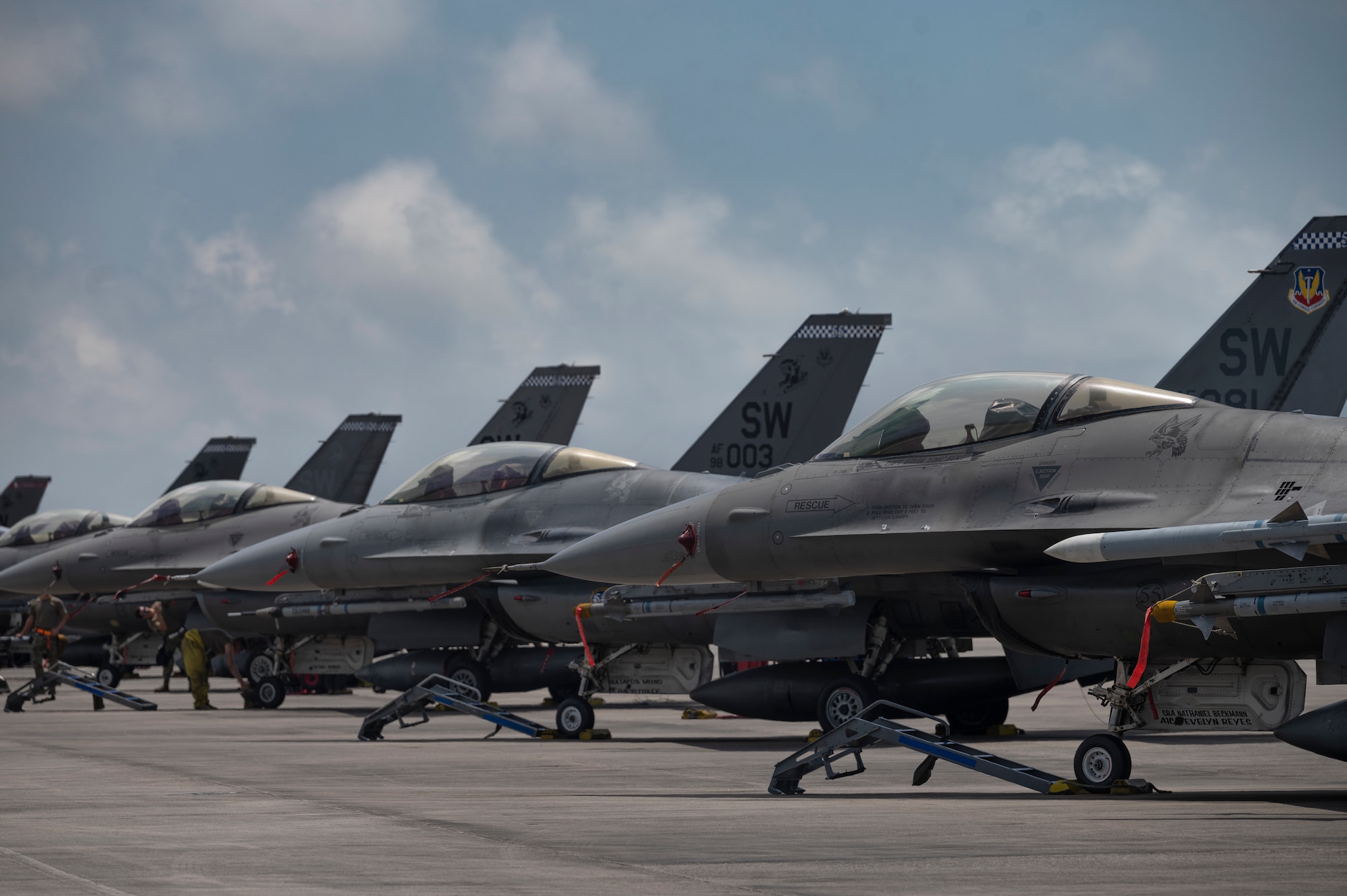 A fleet of F-16 Fighting Falcons assigned to the 55th Fighter Squadron, Shaw Air Force Base, S.C., sit on the flightline during Weapons System Evaluation Program-East 23.08 at Tyndall AFB, Fla., May 17, 2023. Eligible active-duty aviators have until Sept. 15, 2023 to apply for the fiscal year 2023 Aviation Bonus Program; Air Force officials announced the Legacy Aviation Bonus Program will open June 6, 2023. (U.S. Air Force photo by Senior Airman Tiffany Del Oso)
