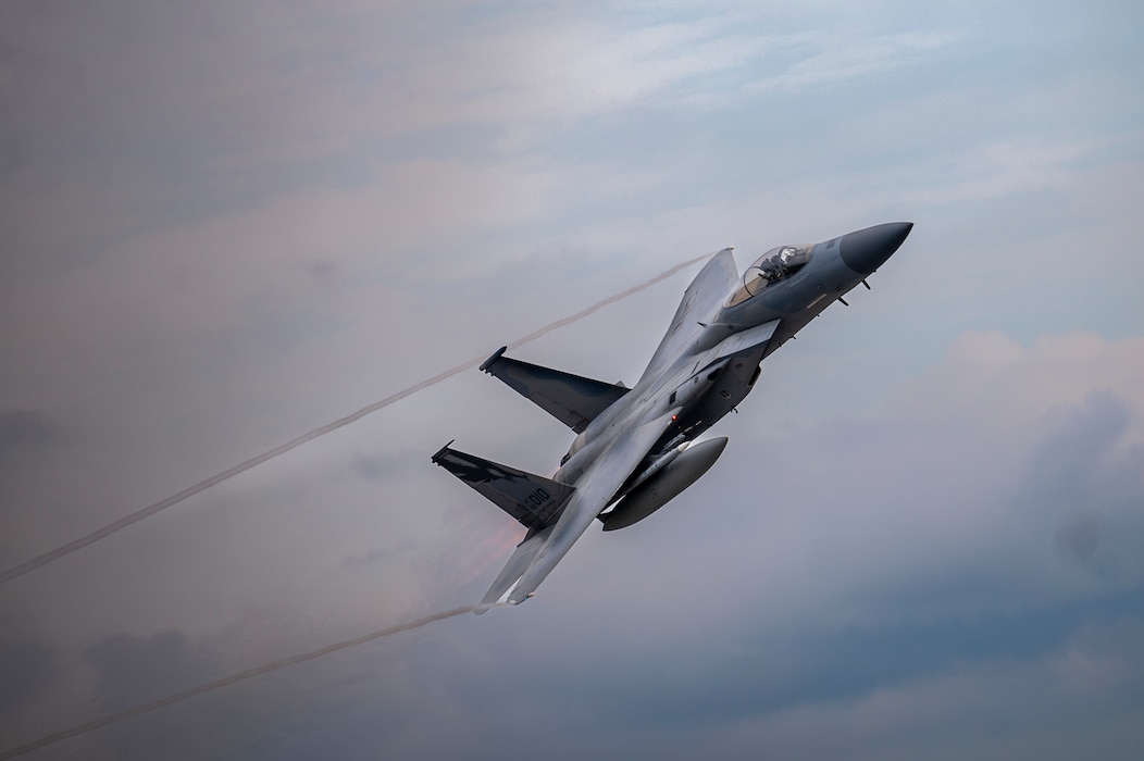 An F-15C Eagle assigned to the 194th Fighter Squadron, Fresno Air National Guard Base, Calif., flies over Tyndall Air Force Base, Fla. during Checkered Flag 23-2 at Tyndall AFB, Fla., May 17, 2023. Eligible active-duty aviators have until Sept. 15, 2023 to apply for the fiscal year 2023 Aviation Bonus Program; Air Force officials announced the Legacy Aviation Bonus Program will open June 6, 2023. (U.S. Air Force photo by Senior Airman Tiffany Del Oso)