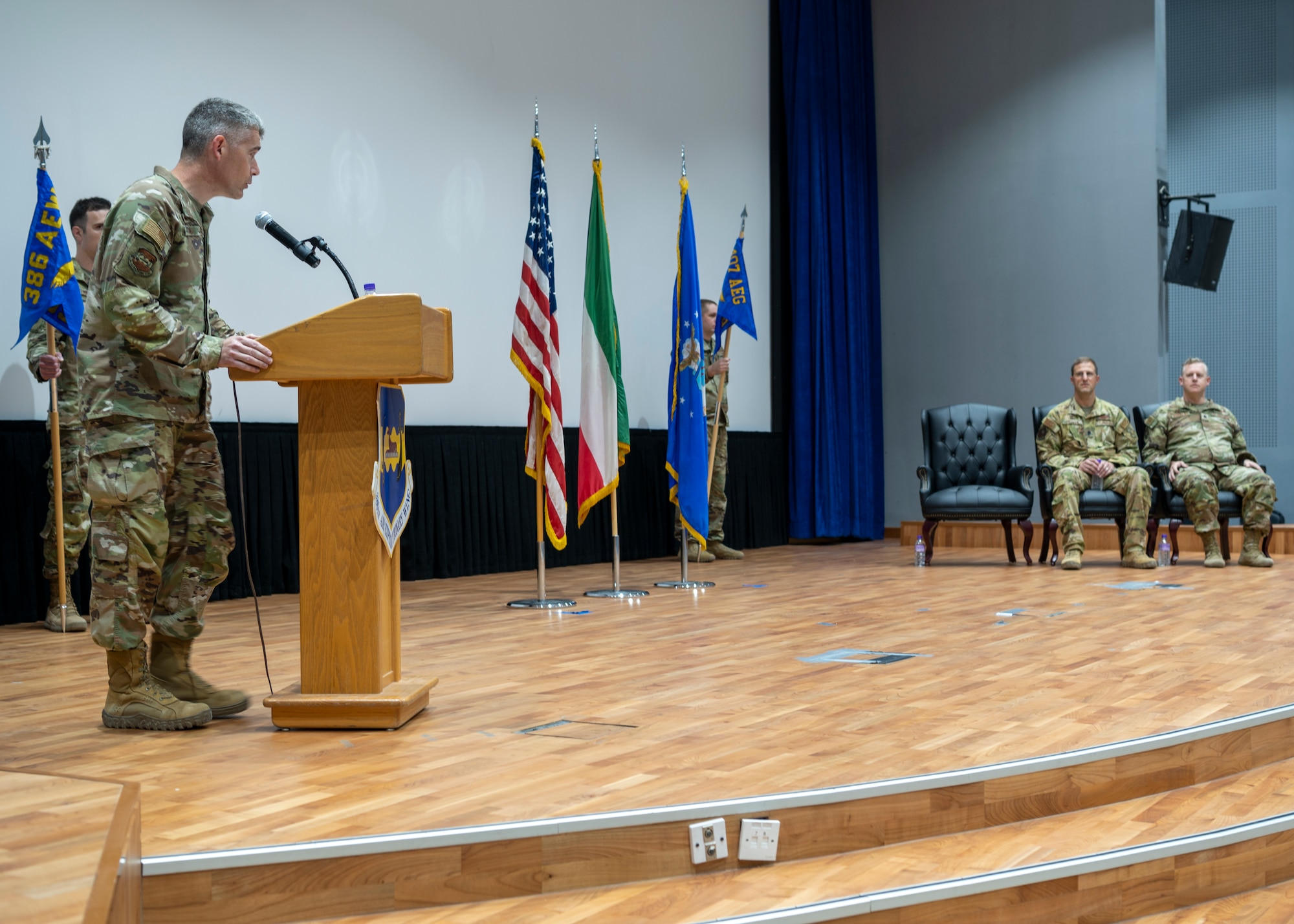 U.S. Air Force Col. George Buch, 386th Air Expeditionary Wing commander, presides over the 407th Expeditionary Operations Support Squadron re-designation and change of command ceremony, June 2, 2023, at Ali Al Salem Air Base, Kuwait.