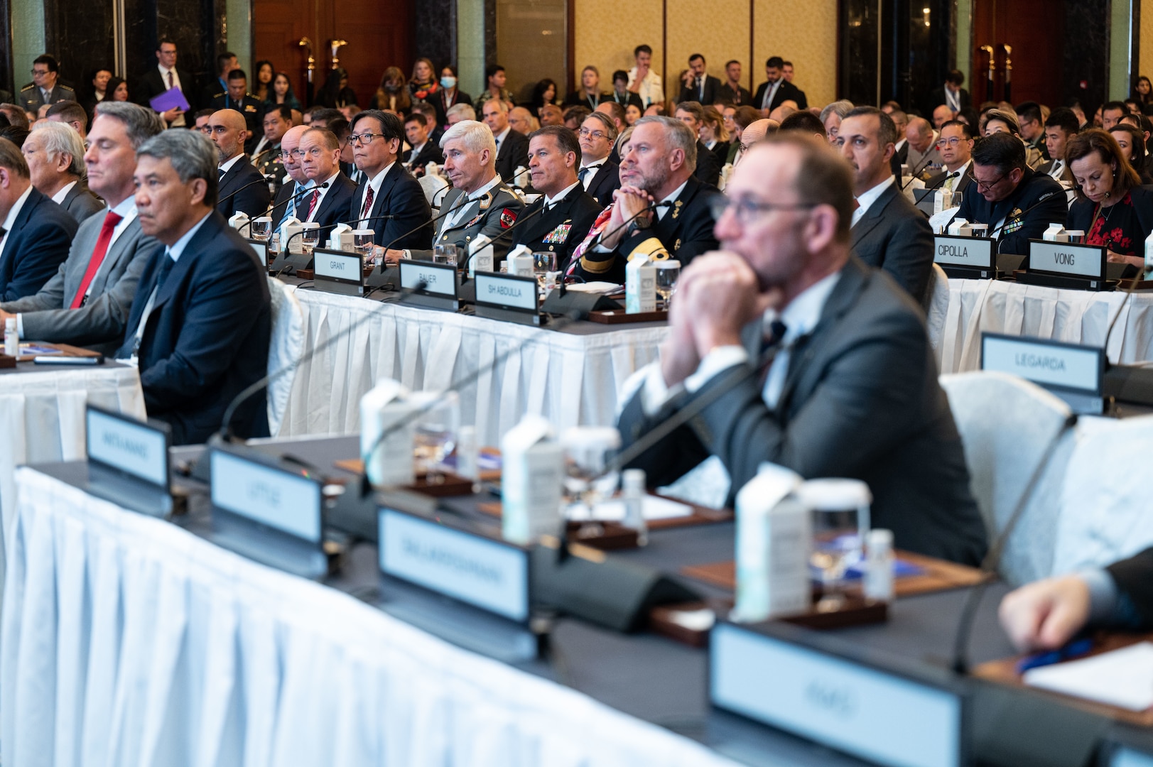 SINGAPORE (June 3, 2023) Adm. John C. Aquilino, Commander U.S. Indo-Pacific Command, attends the keynote address by Secretary of Defense Lloyd J. Austin III at the Shangri-La Dialogue, hosted by the International Institute for Strategic Studies. The Shangri-La Dialogue is a defense summit focused on the Asia-Pacific region where ministers and representatives gather to discuss pressing security challenges and engage in bilateral talks. USINDOPACOM is committed to enhancing stability in the Asia-Pacific region by promoting security cooperation, encouraging peaceful development, responding to contingencies, deterring aggression and, when necessary, fighting to win. (U.S. Navy photo by Chief Mass Communication Specialist Shannon M. Smith)